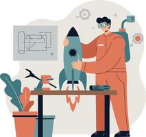 Male engineer in orange suit assembling a rocket model with technical plans in flat minimal illustration vector
