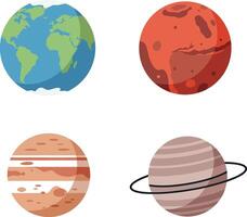 Four colorful planets including Earth Mars Jupiter and Saturn in flat minimal illustration vector
