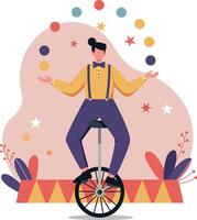 Circus performer juggling colorful balls on unicycle in minimal flat design illustration vector