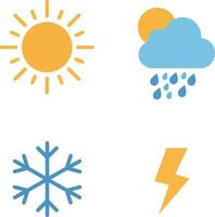 Weather icons set including sun, rain cloud, snowflake, and lightning bolt in flat colorful style illustration vector