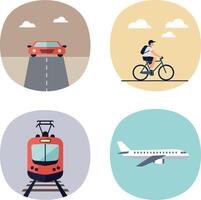 Various transportation modes including car, bicycle, tram, and airplane in flat minimal illustration vector