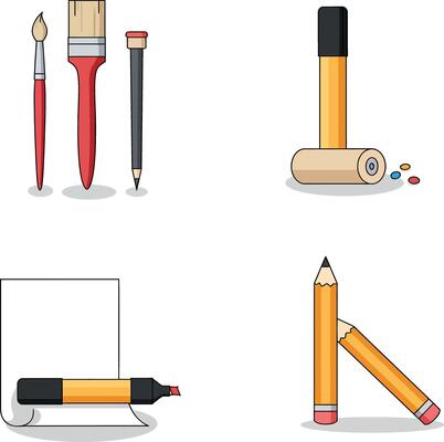 Artistic tools set including paintbrushes pencil croquet mallet and marker in flat style illustration