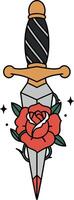 Decorative dagger with black handle and red rose wrapped around blade in flat design illustration vector