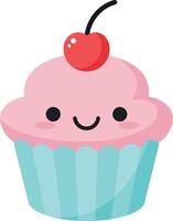 Cute smiling cupcake with pink frosting and cherry on top in flat design illustration vector