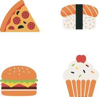 Assorted fast food items including pizza slice burger sushi and cupcake flat colorful illustration vector