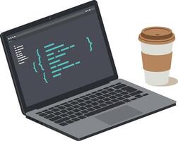 Laptop displaying blue code with coffee cup beside on white surface flat design illustration vector