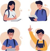 Diverse young students studying and reading with backpacks in modern flat design illustration vector