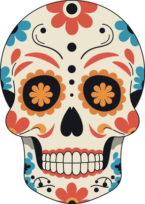 Decorative sugar skull with floral patterns and colorful design in flat style illustration