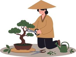 Person tending bonsai tree with pruning shears in minimal flat style illustration vector
