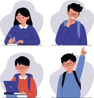 Diverse young students with backpacks studying and thinking in flat style illustration vector