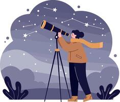 Young person observing night sky with telescope under starry constellation flat design illustration vector