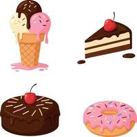 Assorted sweet desserts with ice cream cone, chocolate cake, layered cake slice, and pink donut in flat style illustration vector