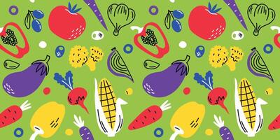 Vegetables doodle seamless pattern. Continuous background. Fresh ripe vegetables in pieces and whole on green background. illustration vector