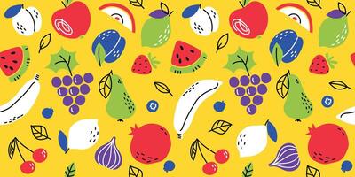 Fruit doodle seamless pattern. Continuous background. Fresh ripe fruits in pieces and whole on yellow background. illustration vector