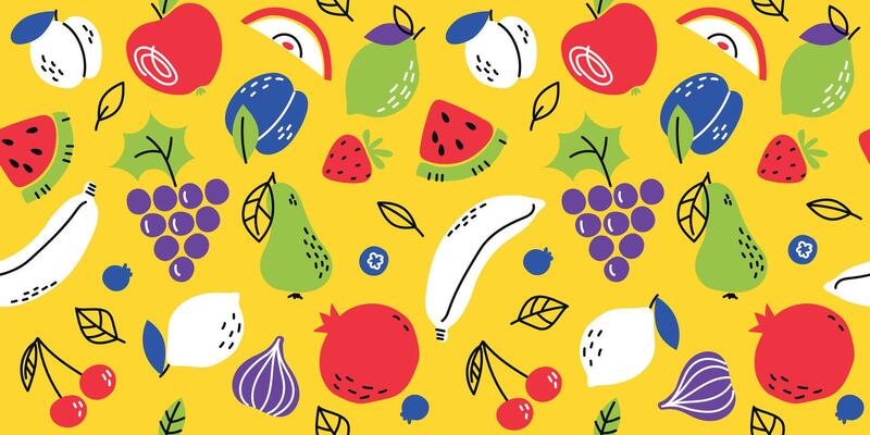 Fruit doodle seamless pattern. Continuous background. Fresh ripe fruits in pieces and whole on yellow background. illustration