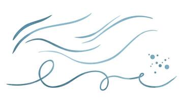 Wavy and swirling water lines with loops, bubbles drawn with a brush and blue paints. Hand-drawn watercolor illustration on a marine theme. Set of elements isolated from the background vector