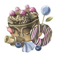 Chocolate cake with icing, donut, waffles, meringue blueberries and strawberries. Watercolor illustration hand drawn. Isolated composition on a white background. vector