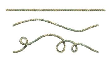 Rope, twine, jute brown, straight, wave and twisted with loops. Watercolor hand-drawn illustration on the theme of sea and fishing. Set of individual elements isolated from the background. vector