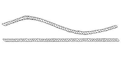 Rope, twine, jute , straight, wave and twisted with loops. Graphic line art hand drawn on the theme of sea and fishing in black and white ink. Set of elements isolated from the background EPS vector