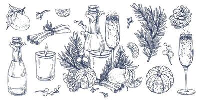Christmas decor with tangerines, champagne. sweets and pine branches. Graphic illustration hand drawn in black ink. A set of separate isolated elements of objects EPS . vector