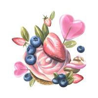 Cupcake cake with cream, pink heart-shaped lollipop, marshmallow, strawberry, blueberry. Watercolor illustration. A composition from the collection of SWEETS. For the design, design of menus, recipes. vector