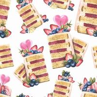 A piece of cake decorated with a heart-shaped lollipop, strawberries and blueberries and cream. Watercolor illustration. A seamless pattern from a collection of SWEETS. For the design and decoration vector