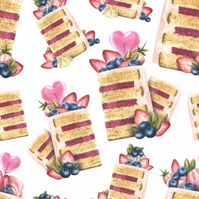 A piece of cake decorated with a heart-shaped lollipop, strawberries and blueberries and cream. Watercolor illustration. A seamless pattern from a collection of SWEETS. For the design and decoration