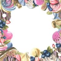 Square frame of various cakes, sweets, popsicles, berries, donuts, meringues. Watercolor illustration from a large set of SWEETS. For the design and decoration of menus, bakeries, patisseries, logos vector