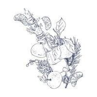 A bottle of champagne with splashes and a flying cork, a pine branch and cones, tangerines and berries. Graphic illustration hand drawn in black ink. Composition, arrangement, sublimation EPS . vector