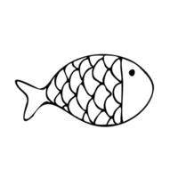 Small round fishes of simple shape with rustic patterns. Graphic line art hand drawn on the theme of sea and fishing in black and white ink. Separate element isolated from the background EPS vector
