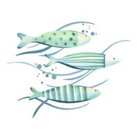 Fish blue and turquoise, simple in wavy lines with bubbles. Watercolor illustration hand-drawn on the theme of sea, underwater and fishing. Arrangement, sublimation isolated from the background vector