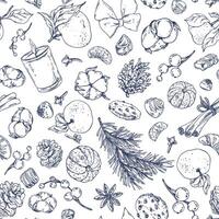 Orange whole and peeled tangerines with candles, pine branch and cone, cotton, spice leaves, cookies and chocolates. Graphic illustration hand drawn in black ink. Seamless pattern EPS . vector