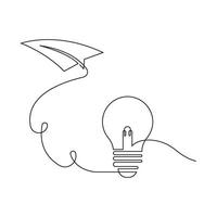 Paper plane flying up connected with light bulb design vector