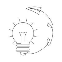 Paper plane flying up connected with light bulb in continuous line vector