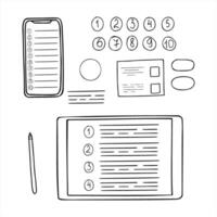 Hand drawn gadgets with planners line art black ink sketch illustration. Set of elements for planning tasks. To do lists with the ability to mark completed items, task scheduler, checklist. vector