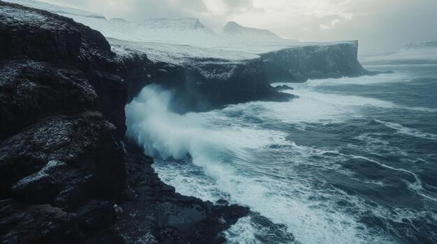 A large wave crashing into the ocean near a cliff photo