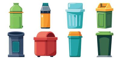 Collection of Various Colorful Trash Cans and Recycling Bins for Waste Disposal vector