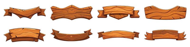 Eight Rustic Wooden Signs with Ribbons Perfect for Game Design or Rustic Decor vector