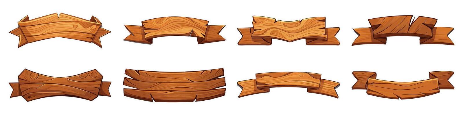 Eight Rustic Wooden Banners Game Design Elements Cartoon Style Wooden Ribbons Set