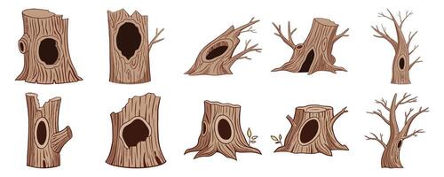 Hollow Tree Trunks Set Various Cartoon Tree Stumps Illustrations for Kids' Designs vector