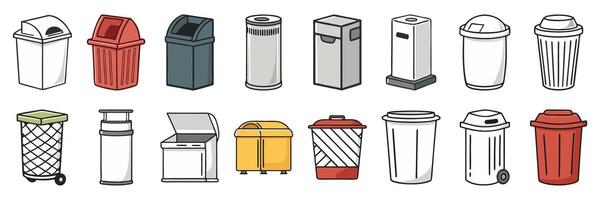 Various Trash Can Illustrations Diverse Collection of Waste Bins for Recycling and Waste Disposal vector