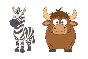 Cartoon zebra and yak with oversized eyes and simplified shapes. Perfect for children's illustrations and educational content vector