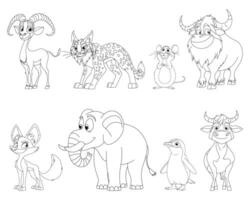 Line art of diverse animal species in a playful, illustrative style. It includes mammals, birds, and others, each with distinct features. vector