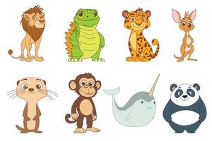 Collection of eight diverse, cartoon-style animals, including a lion, lizard, cheetah, kangaroo, otter, monkey, narwhal, and panda vector