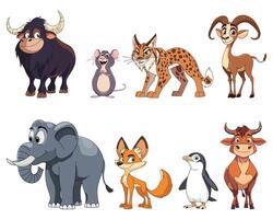 Cartoon animal collection, featuring a bull, mouse, lynx, goat, elephant, fox, penguin, and another bull. All are smiling with big eyes. vector