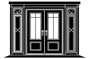 A drawing of an arched double door with divided windows. vector