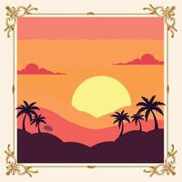 sunset in the desert with palm trees and mountains vector