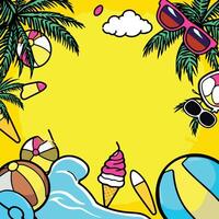 summer background with beach ball, palm tree, ice cream, sunglasses and other items vector
