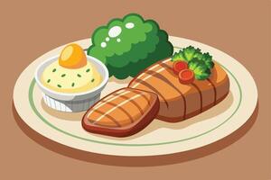 Delicious Grilled Steak with Mashed Potatoes and Broccoli vector
