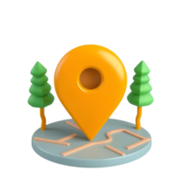 3d yellow location icon with green tree on circular object. png